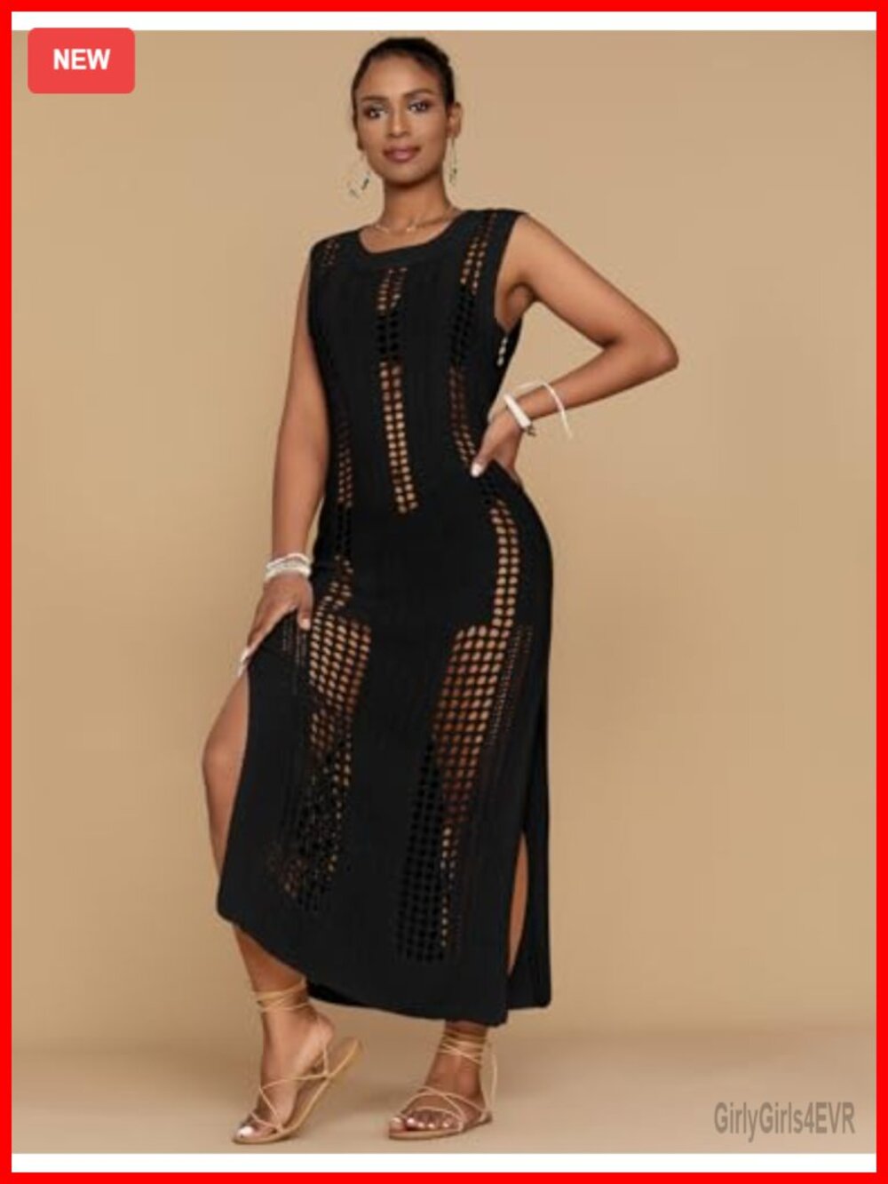 Sleeveless Hollow Out Knit Beach Cover Up Swimwear Coverup - Picture 3 of 7